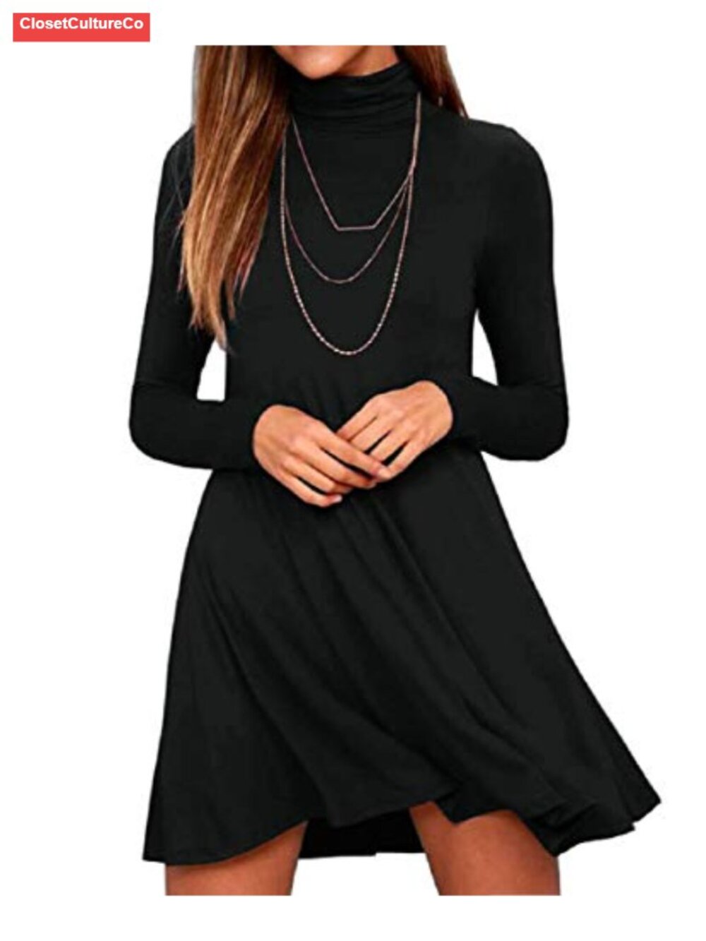 Long Sleeve Turtleneck Loose Swing T-Shirt Dress Rayon Spandex